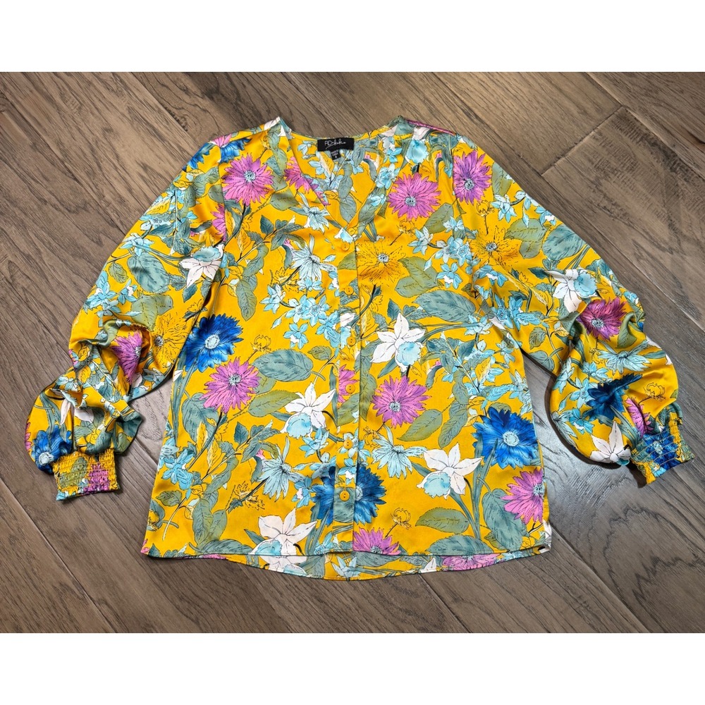 RD KOKO Anthropologie Yellow Floral Print Button‎ Up Long Sleeve Blouse Shirt S